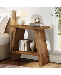 Tribesigns Solid Wood End Table for Living Room, Narrow Small Side Table with 2-Tier Storage