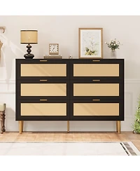 gaomon Natural Rattan 6 Drawer Dresser for Bedroom, Chest of Drawers with Gold Legs and Gold Handles, Wide Double Dresser