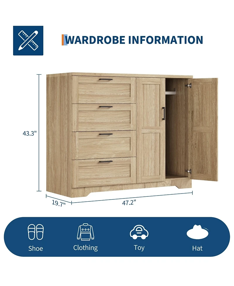 Gaomon Storage Cabinet with 4 Drawers and 2 Doors, Freestanding Wardrobe Hanging Rod
