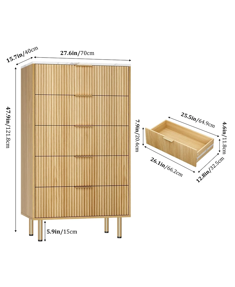 gaomon Fluted Wood 5-Drawer for Bedroom, Modern Chest, Tall Dresser