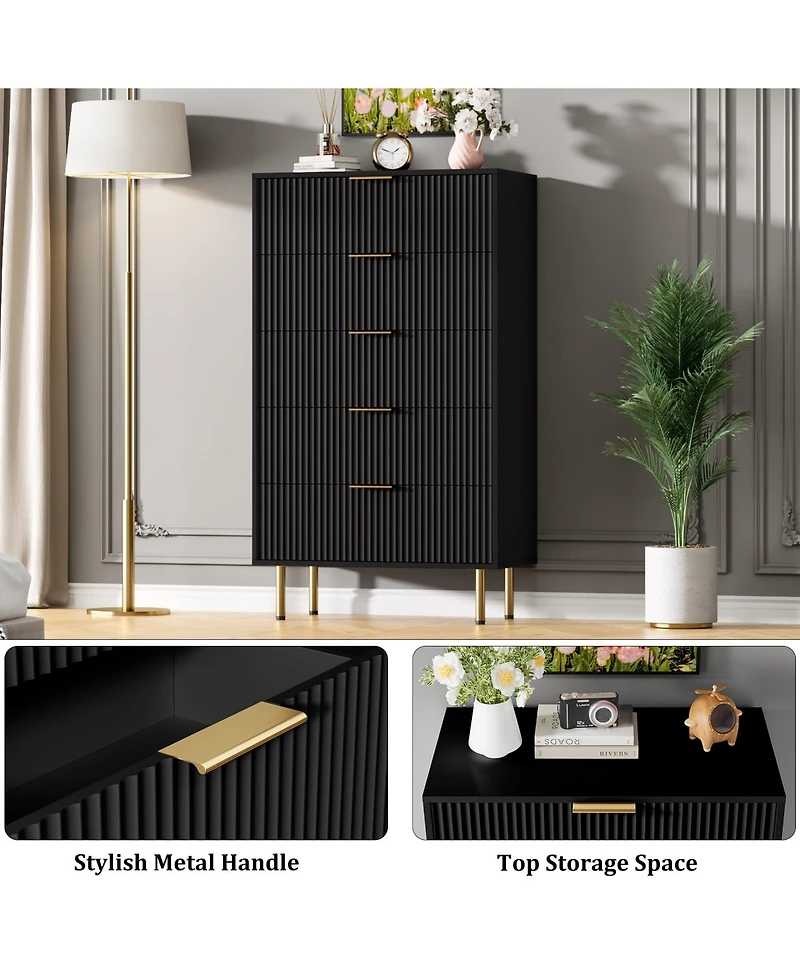 gaomon Fluted Wood 5-Drawer for Bedroom, Modern Chest, Tall Dresser