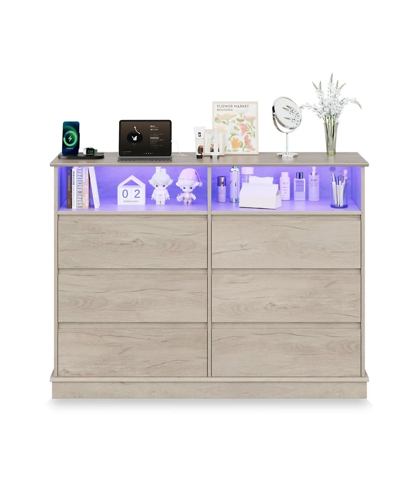 Gaomon Dresser for Bedroom with 6 Drawers, Modern Chest Featuring Led Lights and Charging Station, Spacious Storage Cabinet