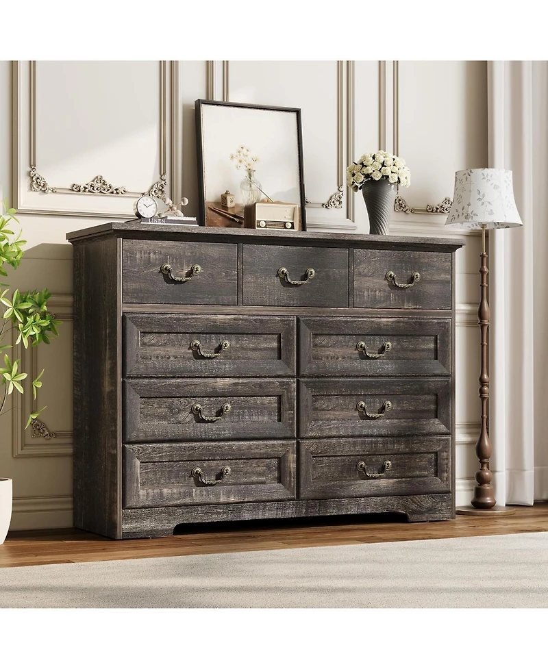 Gaomon 9-Drawer Wooden Rustic Vintage Dark Grey Dresser with Natural Texture and Spacious