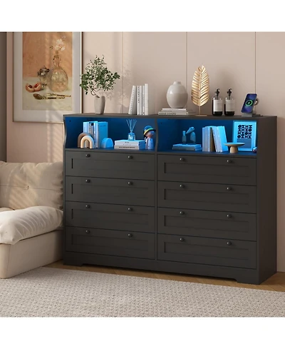 gaomon 8-Drawer Bedroom Dresser with Charging Station & Led Lights, Modern Wide Wooden Chest for Living Room Hallway Entryway