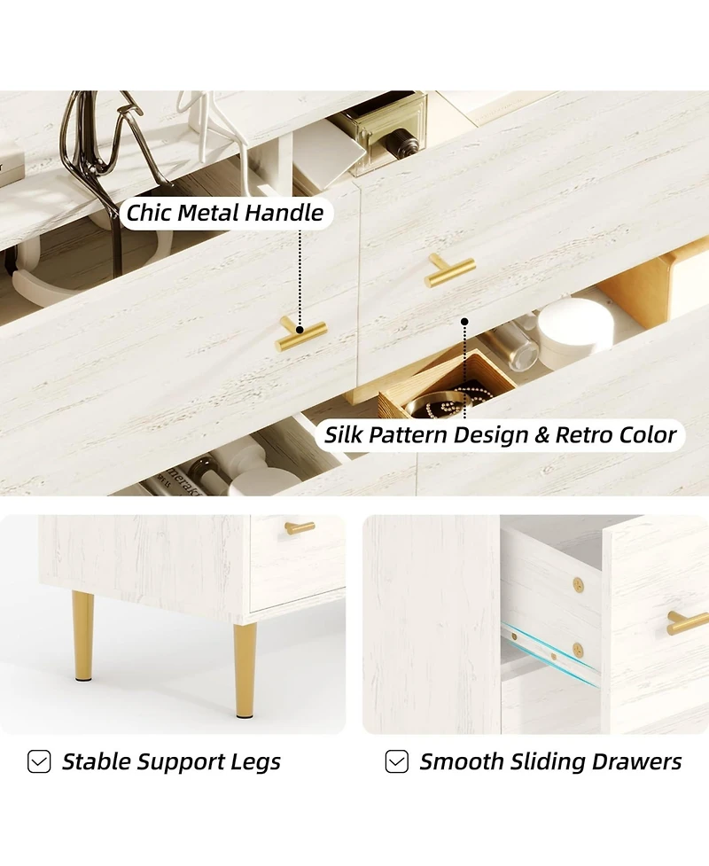 Gaomon White Rustic 6-Drawer Bedroom Dresser, 47.2" Wide Vintage Chest with Bar Handles