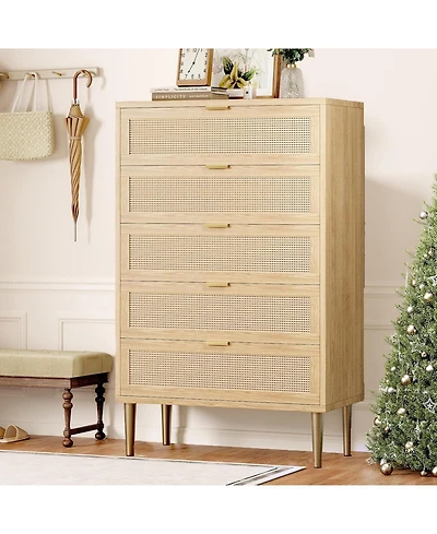 Gaomon 44-Inch Modern Boho Rattan 5-Drawer Dresser with Gold Legs and Handles, Anti-Tip Design for Bedroom and Living Room
