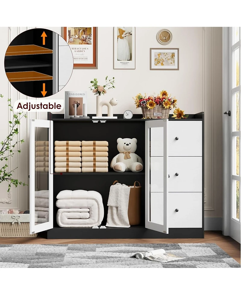 Gaomon 43" Modern Buffet Cabinet with Storage, Sideboard Kitchen Guardrail, Adjustable Shelves & 3 Drawers, Wood Table