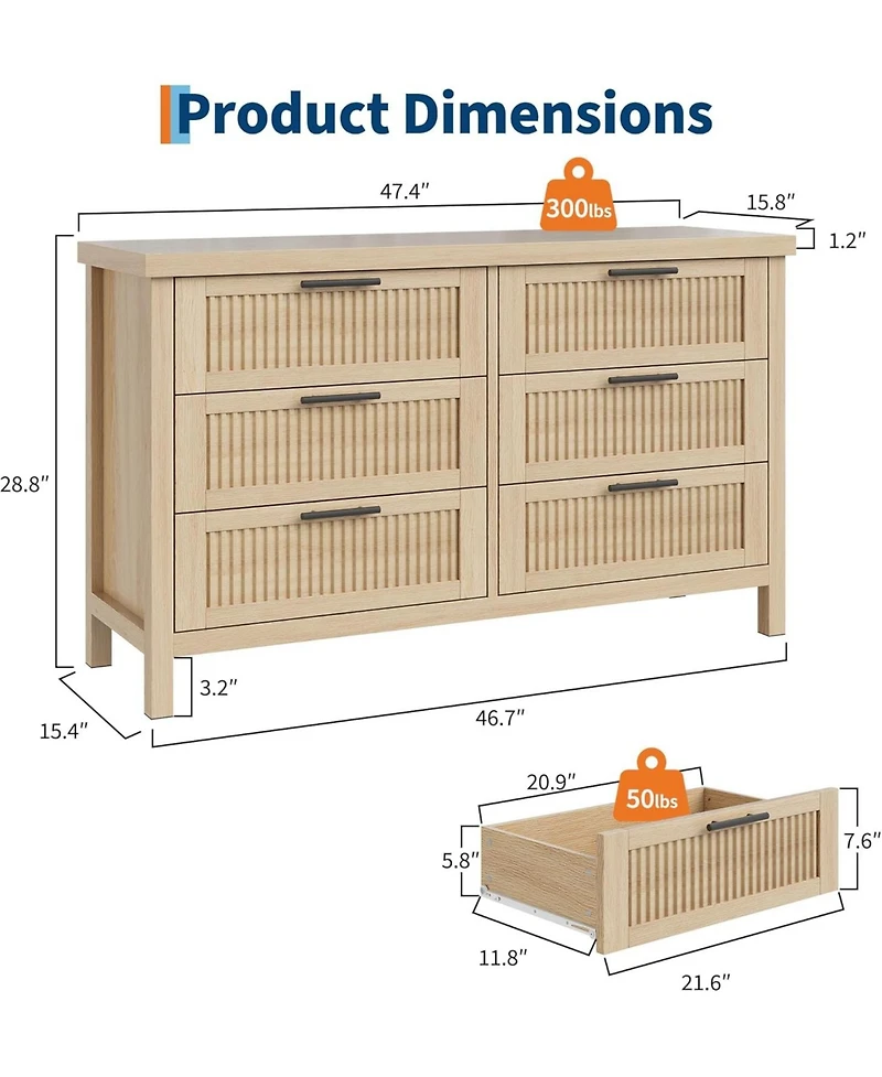 Gaomon Fluted 6-Drawer Bedroom Dresser, 47.4" Wide Mid-Century Modern Chest with Storage Cabinet & Large Drawers for Bedroom and Living Room