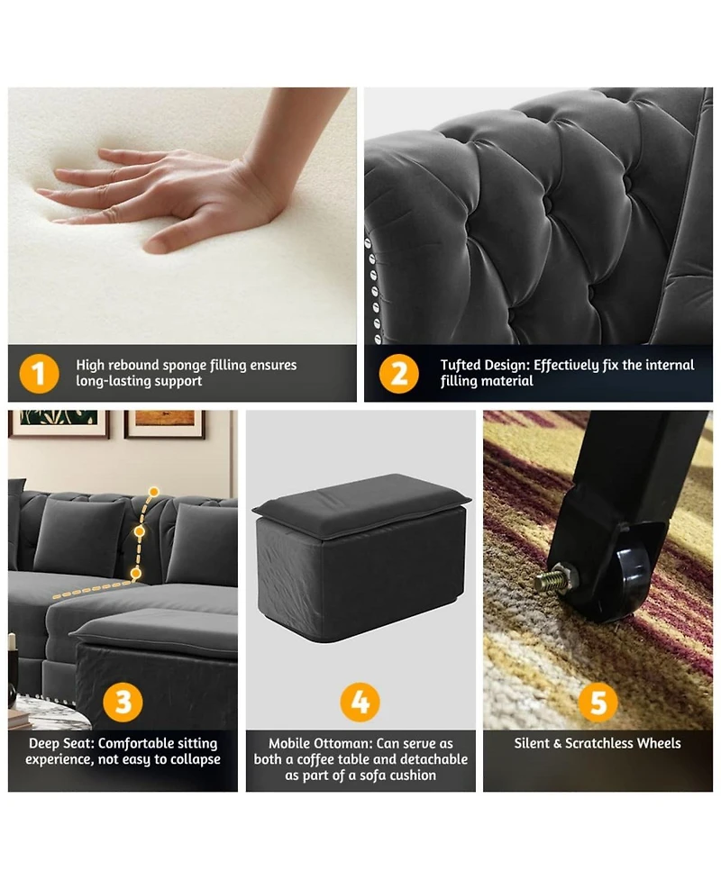 Maison Boucle 89" Sleeper Sofa Bed, King Velvet Pull-Out Couch with Chaise Lounge & Ottoman, 3-in-1 Tufted for Living Room