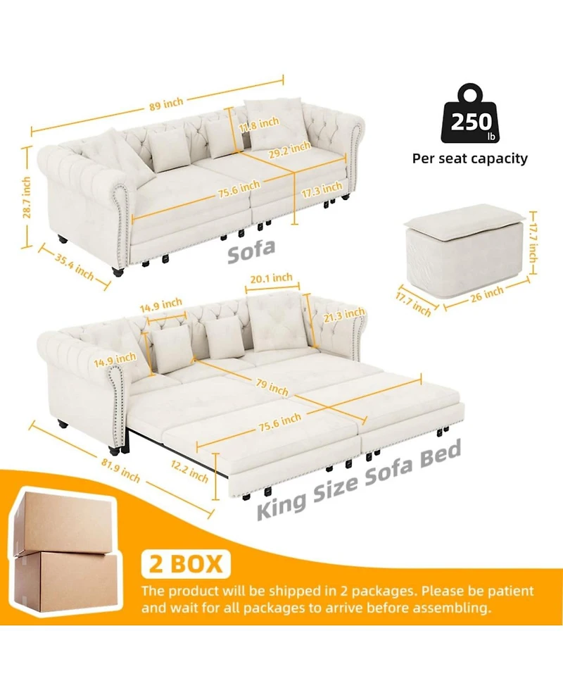 Maison Boucle 89" Sleeper Sofa Bed, King Velvet Pull-Out Couch with Chaise Lounge & Ottoman, 3-in-1 Tufted for Living Room