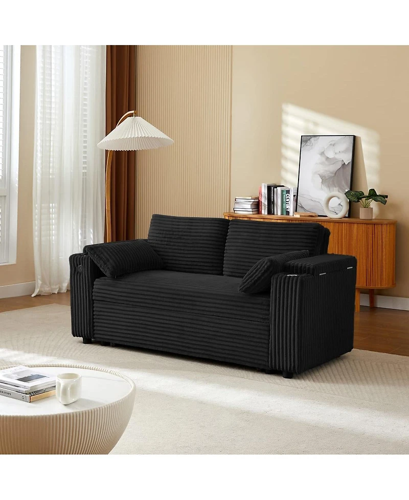 Maison Boucle 67" Pull-Out Sleeper Sofa Bed with Usb Port & Cup Holders, Convertible Loveseat Adjustable Backrest for Small Spaces-Maison Bo