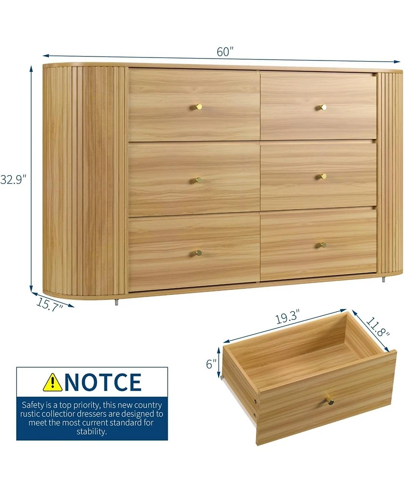 gaomon 60in Mid Century Wooden Dresser with 6 Drawers 2 Sliding Doors, Oak Fluted Storage Cabinet