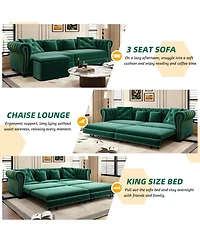 Maison Boucle 89" Sleeper Sofa Bed, King Size Velvet Pull-Out Couch with Chaise Lounge & Ottoman, 3-in-1 Tufted Sofa for Living Room