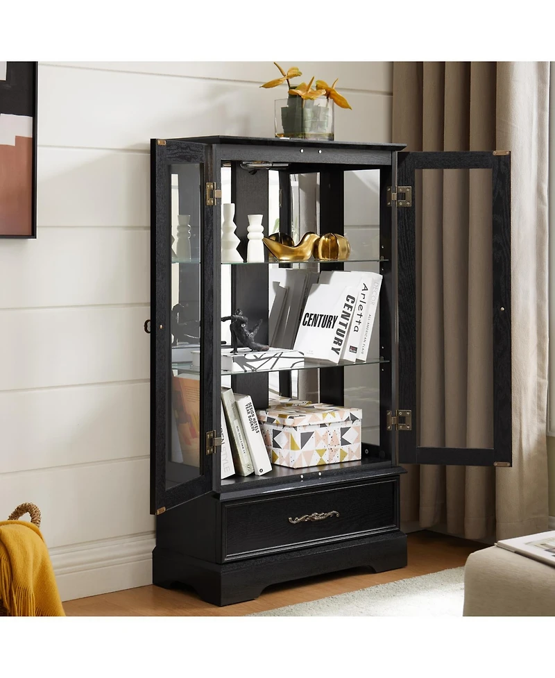 Streamdale Furniture Streamdale Lighted Glass Curio Cabinet - 2-Door Display, Drawer, Bulb - Black