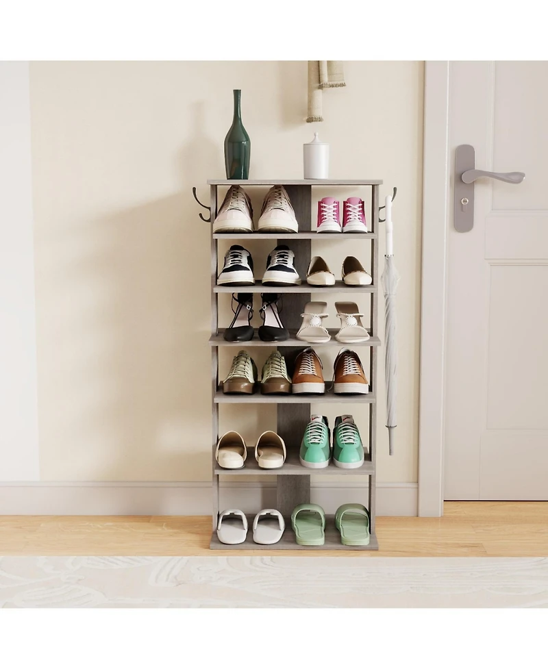 Streamdale 7-Tier Shoe Rack Organizer with Hooks, Entryway Shoe Tower, Rustic Gray