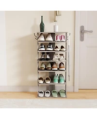 Streamdale 7-Tier Shoe Rack Organizer with Hooks, Entryway Shoe Tower, Rustic Gray