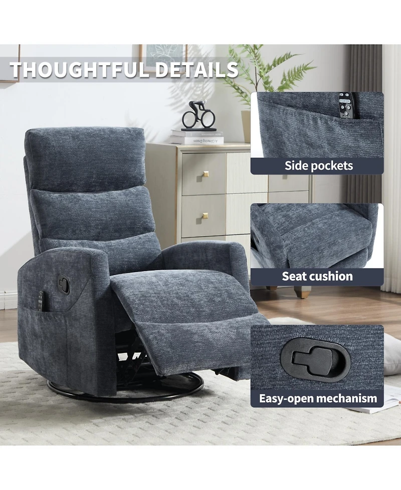 Streamdale Heat Massage Rocker Recliner Chair, Swivel Fabric, Blue