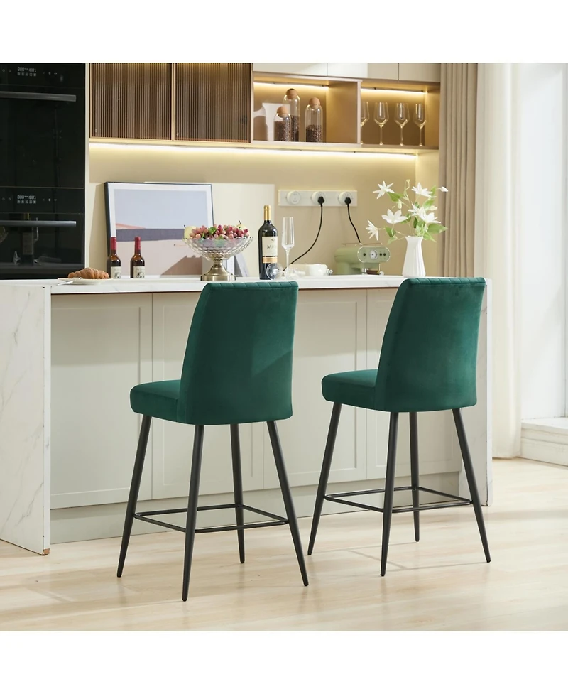 Streamdale Furniture Streamdale Velvet Green Bar Chairs Set of 2 Adjustable Iron Feet