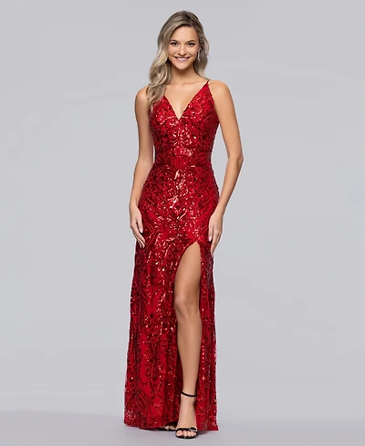 Blondie Nites Juniors' V-Neck Sleeveless Sequin Gown