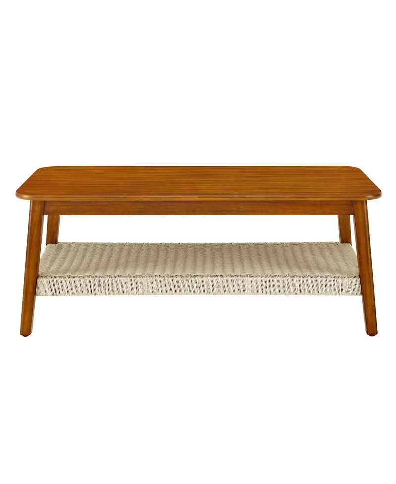 Simplie Fun 47.25" Mid-Century Coffee Table with Woven Shelf, Boho Rattan Coffee Table with Storage, Farmhouse Wood Low Rectangle Tea Table for Living