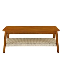 Simplie Fun 47.25" Mid-Century Coffee Table with Woven Shelf, Boho Rattan Coffee Table with Storage, Farmhouse Wood Low Rectangle Tea Table for Living