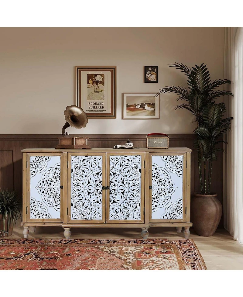 Streamdale Furniture Hollow-Carved Accent Cabinet Distressed Wood Adjustable Shelves