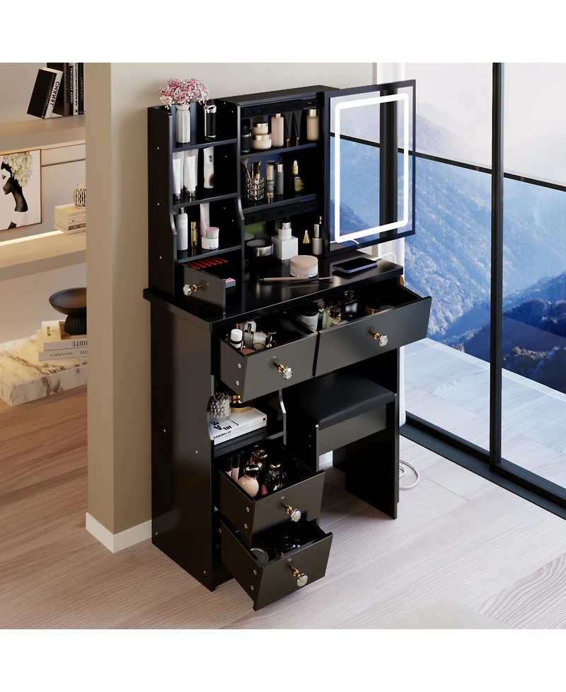 Streamdale Furniture 29.2" Vanity Table Led Mirror Power Stool