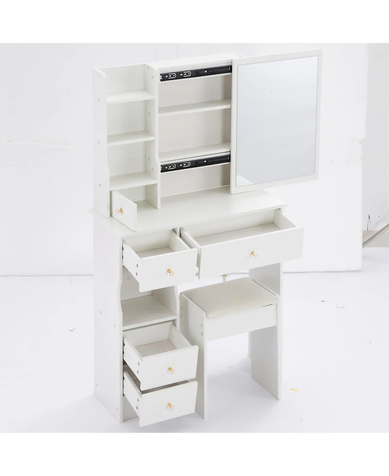 Streamdale Furniture Compact Vanity Table with Large Mirror and Multi-Tier Storage, Stool Included