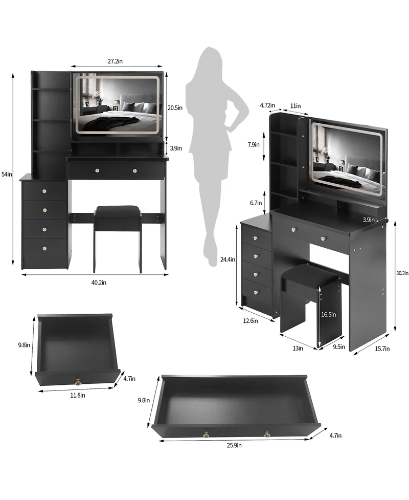 Streamdale Furniture 41" Led Mirror Vanity Table with Stool