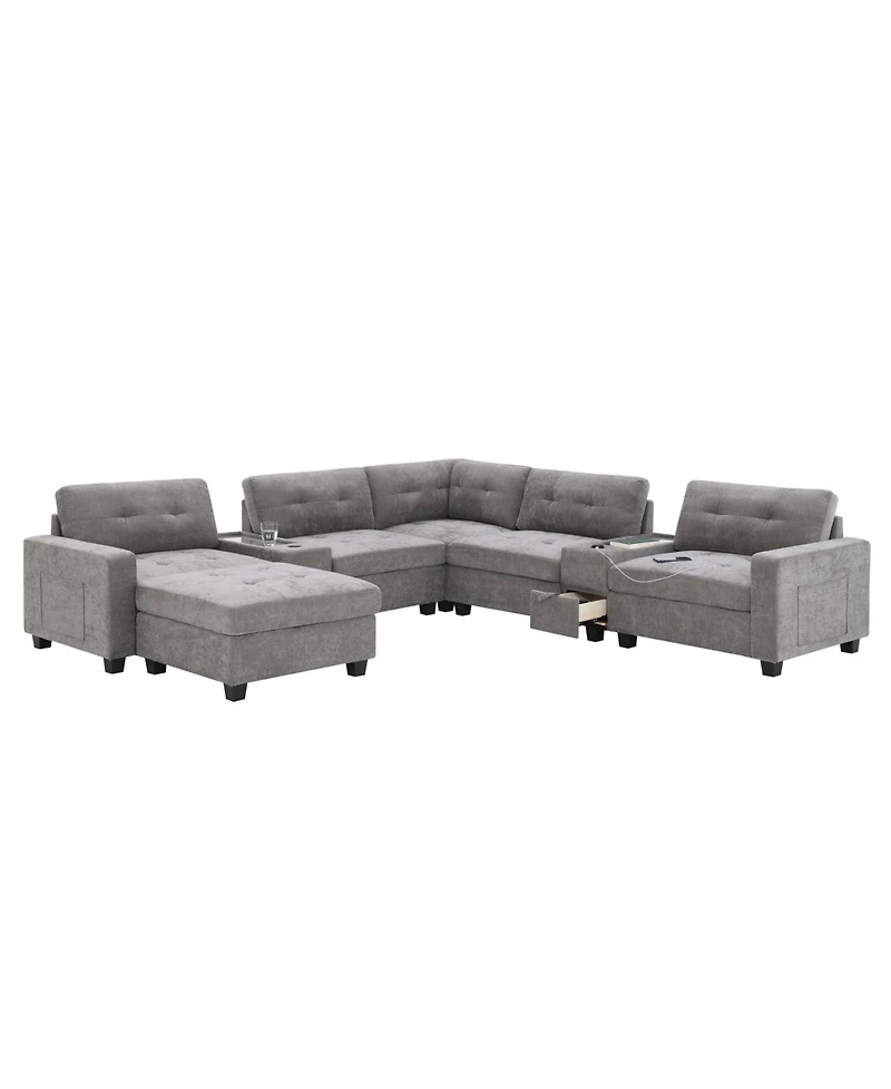 Streamdale Furniture 104" Tufted Sectional Sofa with Acrylic Table, Consoles, Usb Charger, Storage, Ottoman