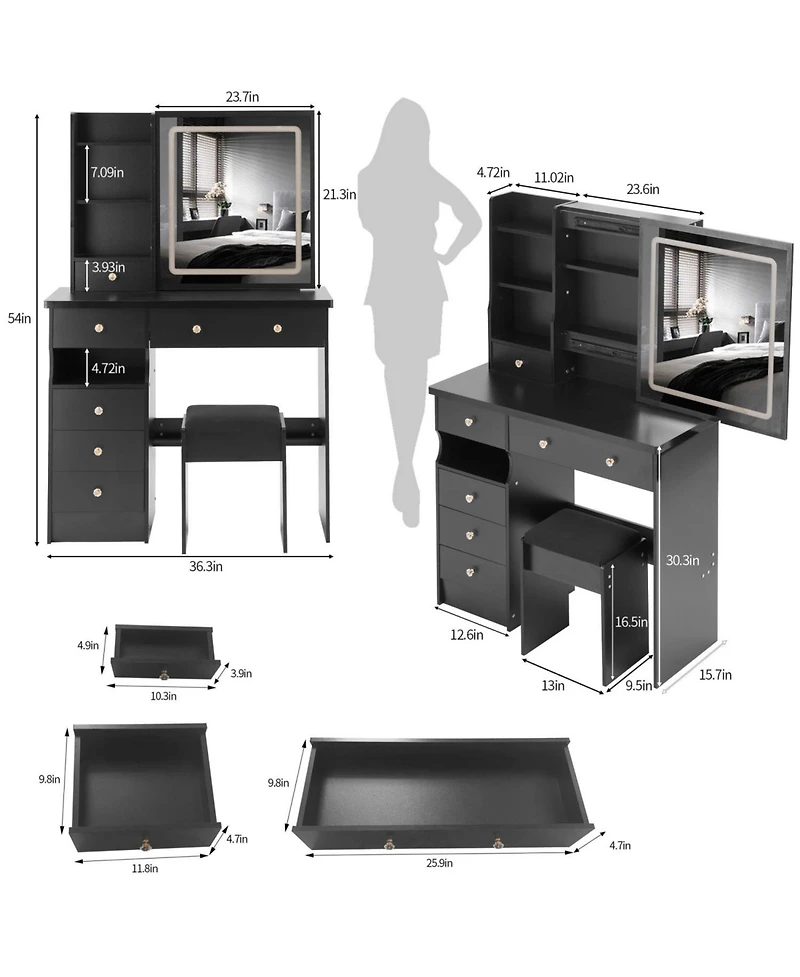 Streamdale Furniture + 37" + Wood/Glass (assuming typical vanity materials) + Led Mirror + Vanity Table with Stool