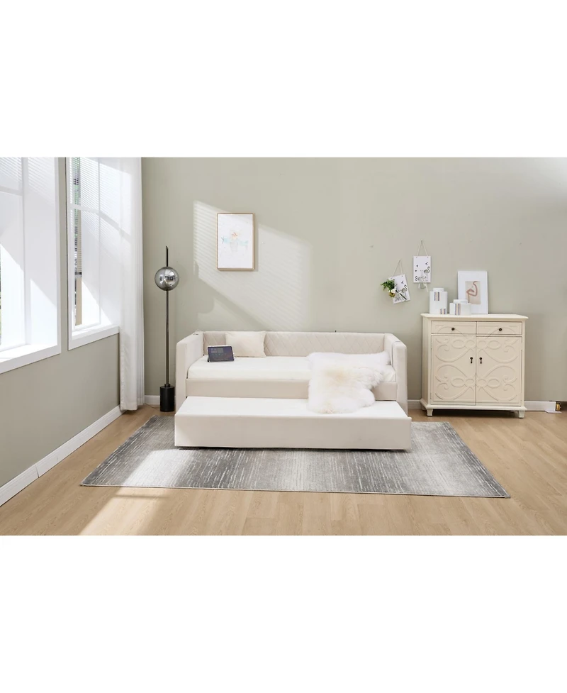 Streamdale Furniture Beige Velvet Daybed - Modern Diamond Grid Design