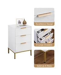 Streamdale Furniture Mid-Century Modern Nightstand with Gold Legs & Wavy Drawers - White