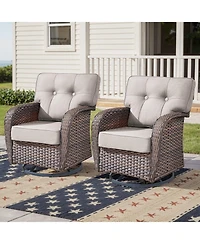 Gymojoy T-Frame Brown Wicker Outdoor Swivel Glider Chairs with Olefin 5 In. Thick Cushions 2-Pack）