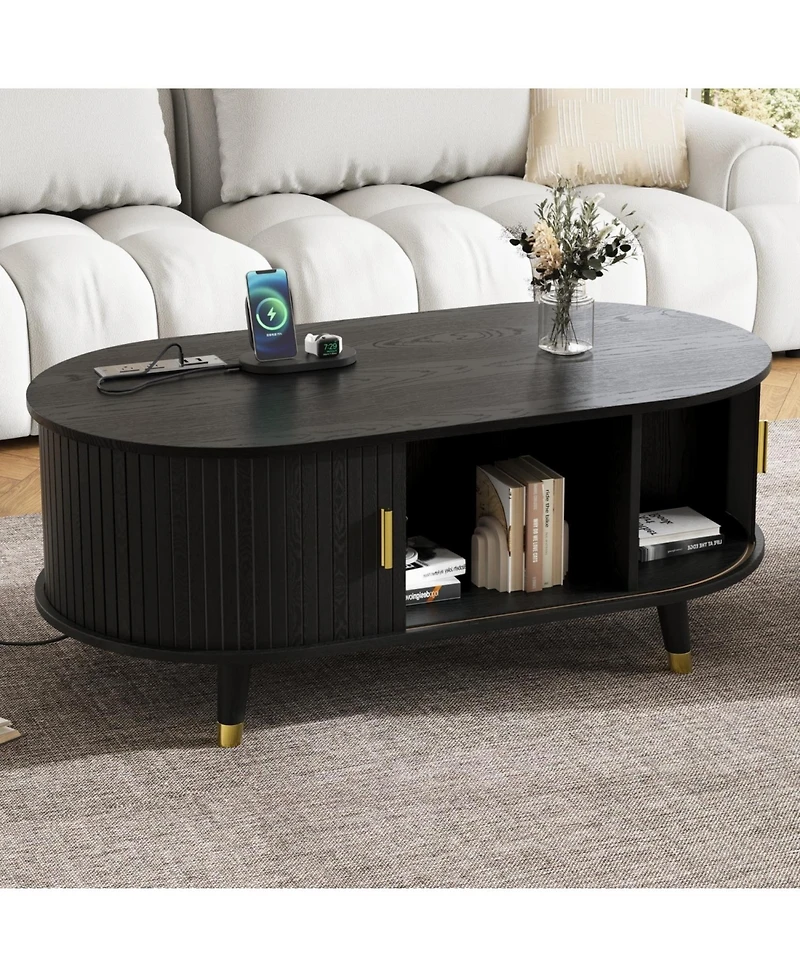 Streamdale Furniture 42.5" Oval Fluted Coffee Table w/ Charging Station & Sliding Door