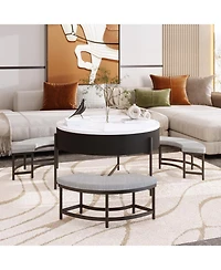 Streamdale Furniture Round Lift-Top Coffee Table with Storage & 3 Ottoman