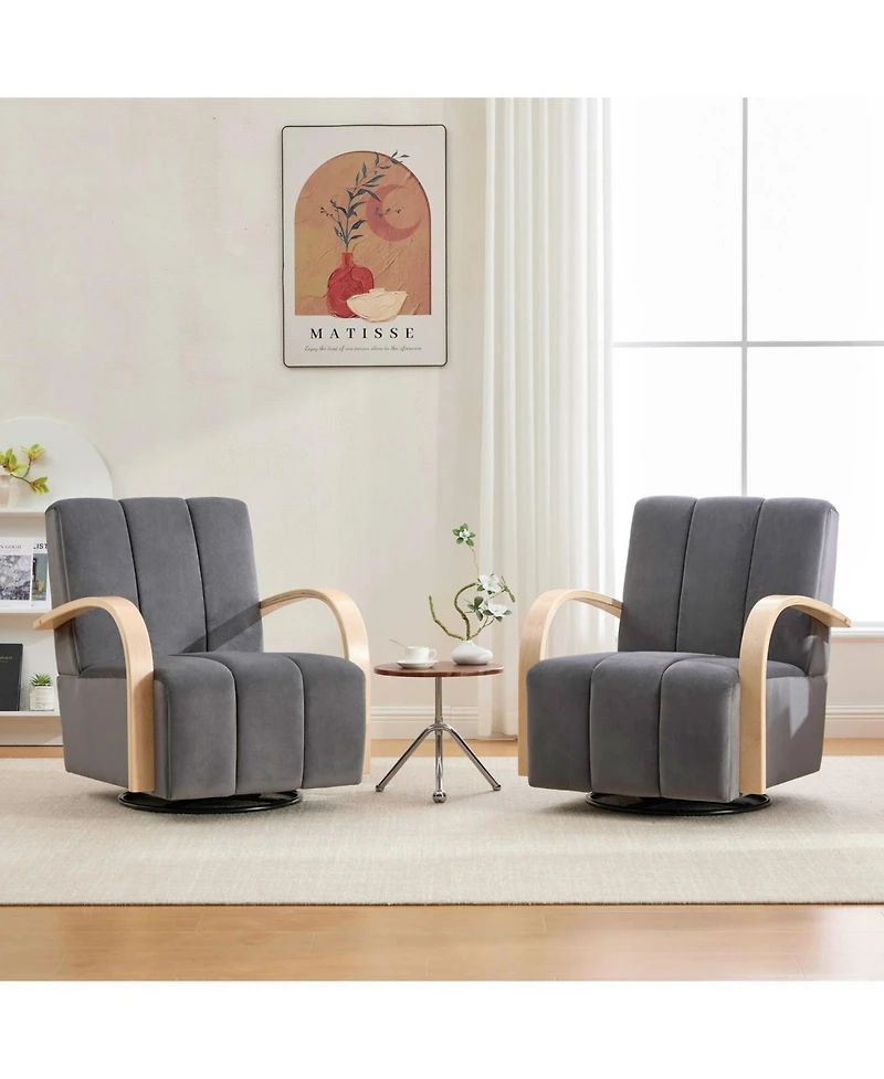 Streamdale Furniture Streamdale 30.7" Swivel Accent Chair - Channel Tufted, Solid Wood Arms - Charcoal