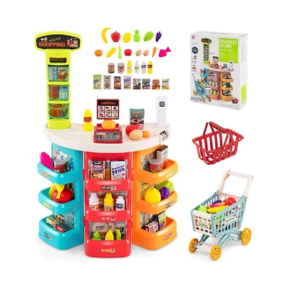 Hongge Kids Grocery Store Playset with Checkout Counter Shopping Cart and Pretend Food Accessories