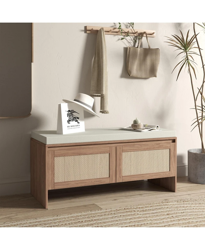 Streamdale Furniture Rattan Storage Bench with Cushion & Shoe Cabinet - Natural Finish