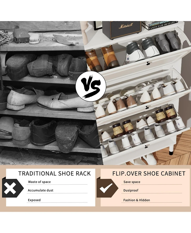 Streamdale Furniture Narrow Shoe Cabinet with 3 Flip Drawers