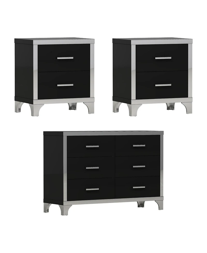 Streamdale Furniture 3-Pieces Sets,Dresser and Two Nightstands with Metal Handles Mirror Decoration, Elegant