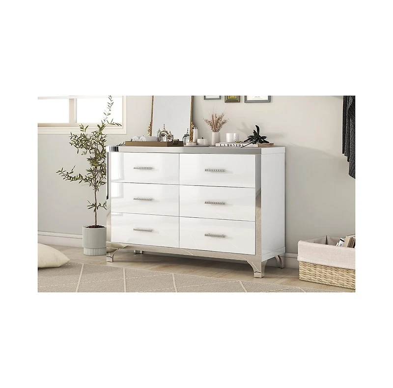 Streamdale Furniture Elegant High Gloss Dresser with Metal Handle, Mirrored Storage Cabinet 6 Drawers