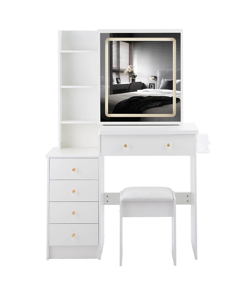 Streamdale Furniture 37" Bedside Vanity Table Set with - Cushioned Stool - Ac/Usb Sockets - Hair Dryer Stand - Touch Control Led Mirror