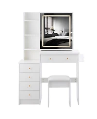 Streamdale Furniture 37" Bedside Vanity Table Set with - Cushioned Stool - Ac/Usb Sockets - Hair Dryer Stand - Touch Control Led Mirror