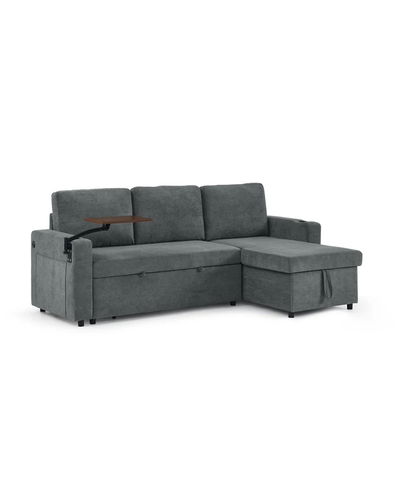 Streamdale Furniture Streamdale Chenille Pull-Out Sofa Bed w/ Table, Led, Usb & Cup Holders