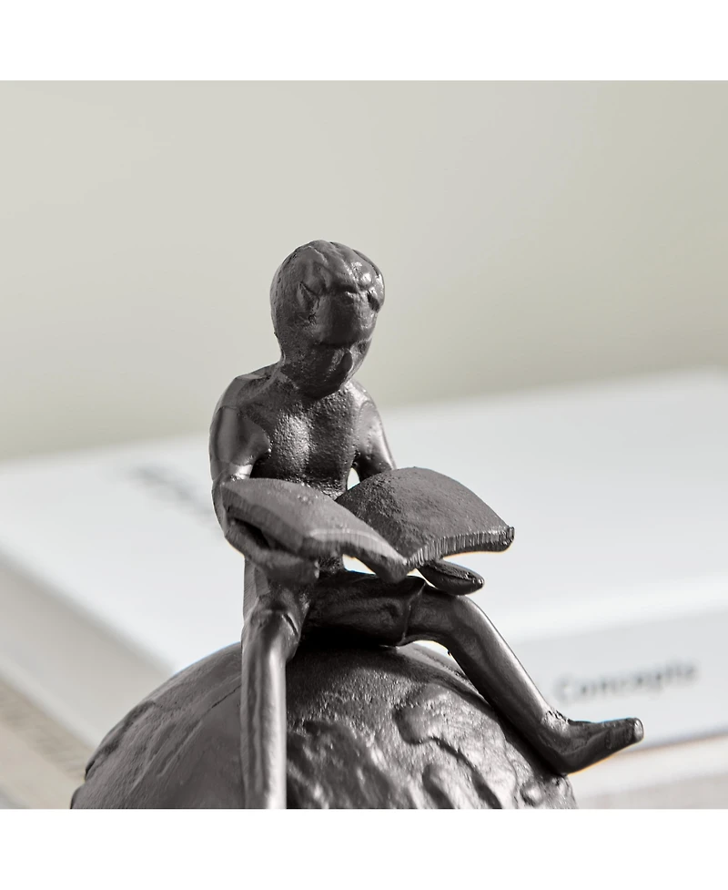 Danya B Brown Cast Iron Boy Reading on Globe Sculpture