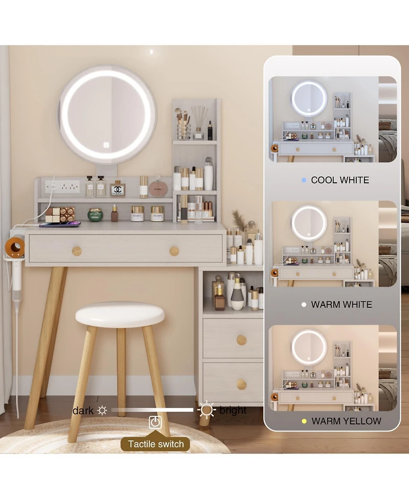 Streamdale Furniture 3-Color Vanity Table w/ Mirror Lights & Charger