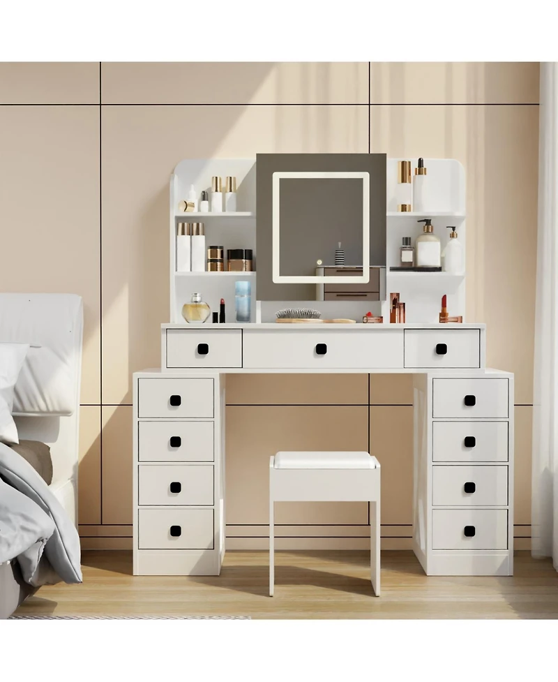 Streamdale Furniture Farmhouse Vanity Desk with Mirror, Lights, and Charging