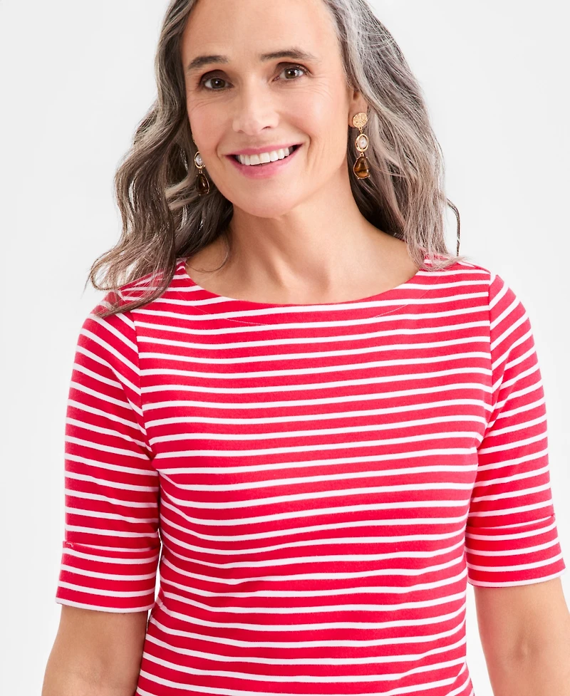 Style & Co Women's Printed Boat-Neck Elbow-Sleeve Top