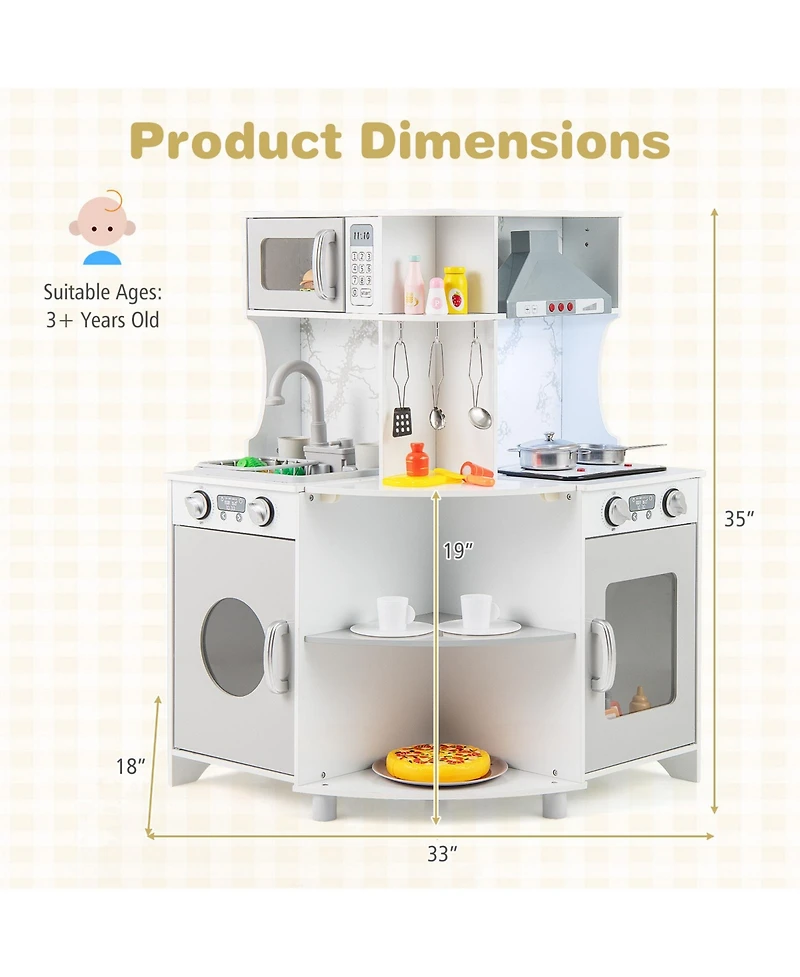 Gymax Corner Wooden Play Kitchen Kids Kitchen Playset w/ Microwave Range Hood Gift